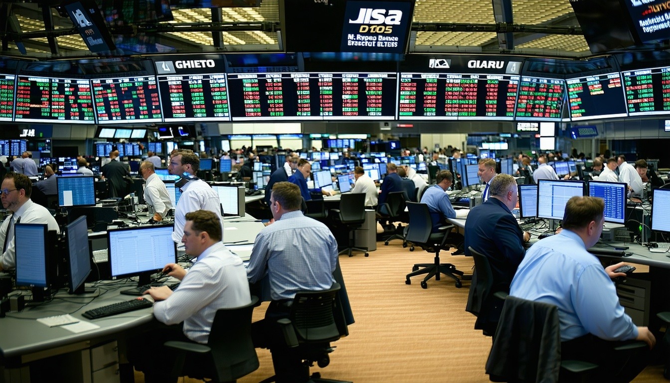 A bustling stock market trading floor with profess